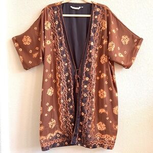 Soft Surroundings Brown‎ Long Line Ikat Kimono Tie Front Cardigan